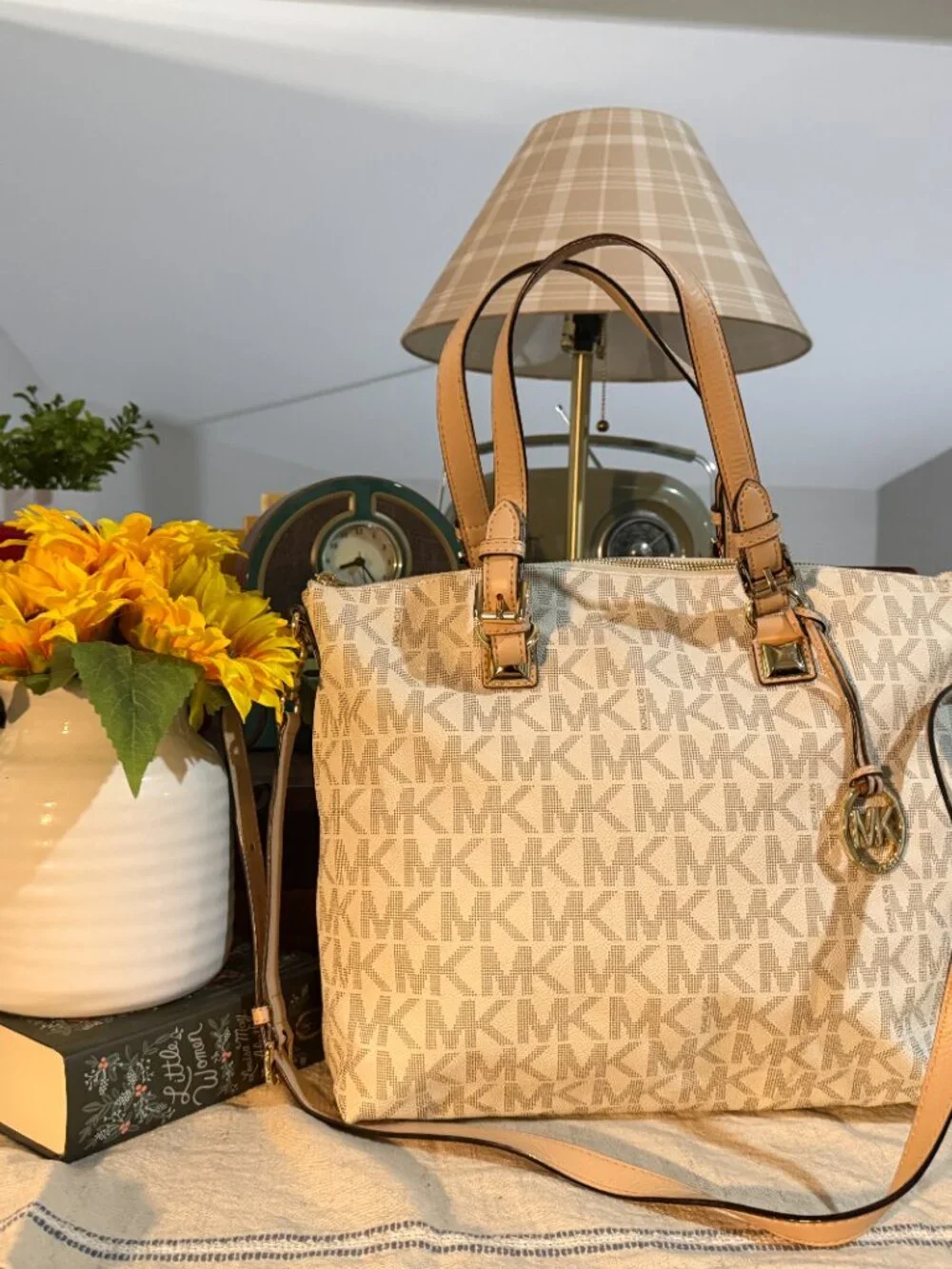 Michael Kors Large Vanilla Signature Logo Laptop Satchel Crossbody Bag
